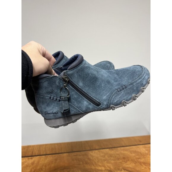 Skechers Relaxed Fit Memory Foam Women’s 8 Navy Suede Booties Side Zipper Shoes - Picture 2 of 7